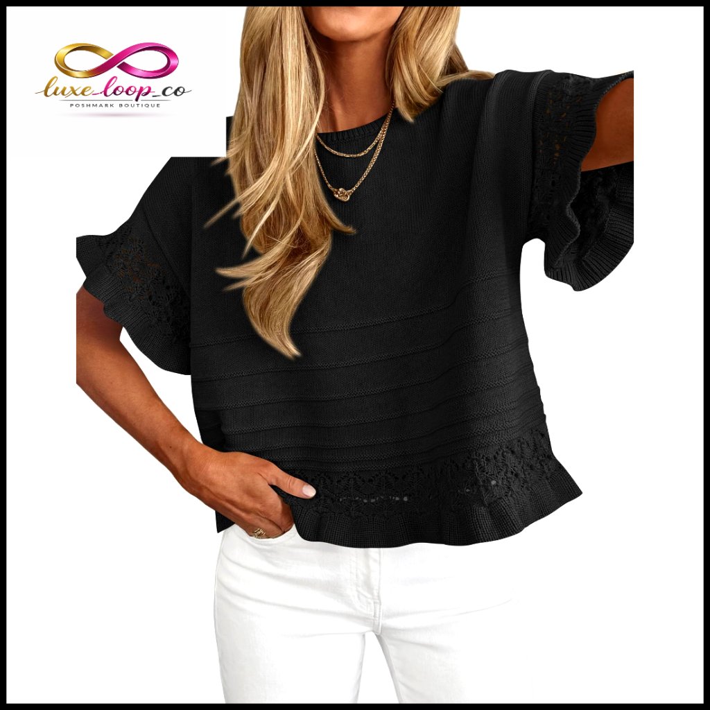 Short Sleeve Crochet Pullover Sweater, Ruffled Hem, Cotton, Casual Top
